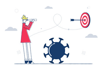 Goals planning and strategy business concept, Young business woman vision look through over disease. cartoon character, Vector illustration for graphic design or background	