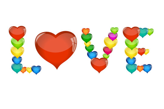 Illustration with many colored hearts forming the word love
