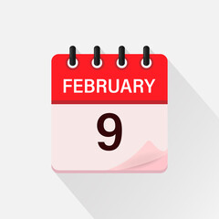 February 9, Calendar icon with shadow. Day, month. Flat vector illustration.