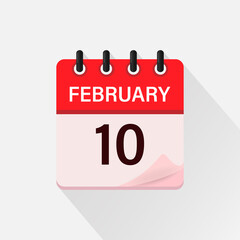 February 10, Calendar icon with shadow. Day, month. Flat vector illustration.