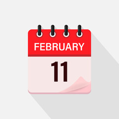 February 11, Calendar icon with shadow. Day, month. Flat vector illustration.
