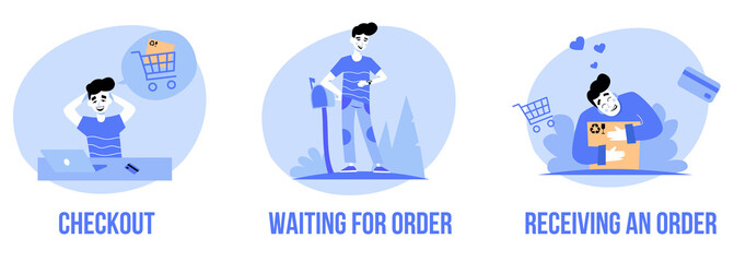 Set of vector illustrations of abstract concept of online ordering, receiving an order and joy of shopping