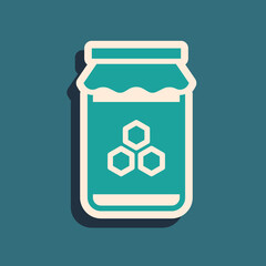 Green Jar of honey icon isolated on green background. Food bank. Sweet natural food symbol. Long shadow style. Vector.
