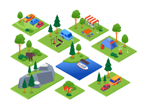 Camping and tourism - set of vector colorful isometric elements