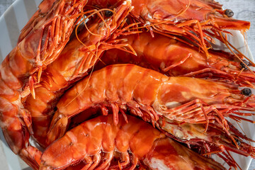 Close-up giant deep-sea shrimps gambas. Boiled prawns on white plate, top view, on wooden background. High quality photo