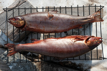 Fototapeta premium Barbecue with fish. Grilled fish. Picnic in nature