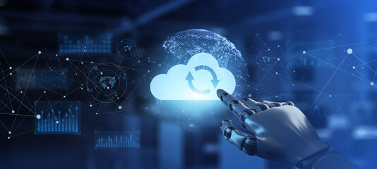 Cloud Technology Processing Data Storage Recovery. Internet Concept. Robotic arm 3d rendering.