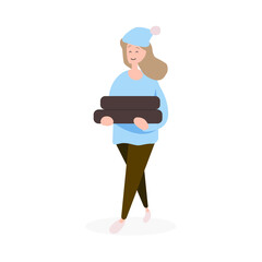 girl in winter clothes carries firewood, vector illustration