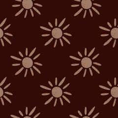 Ethnic sun seamless hand drawn pattern in doodle style. Brown background. Geometric print.