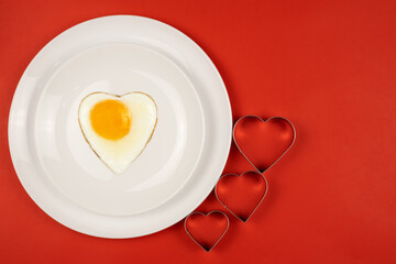 Heart Fried Egg White Ceramic Plate Red Background Top View