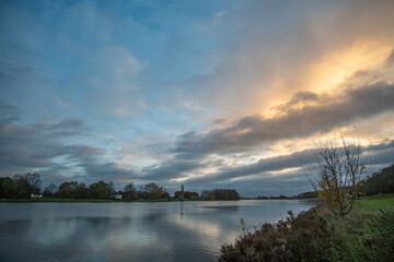 beautiful Werdersee, a river in bremen, in the morning dawn with amazing sky