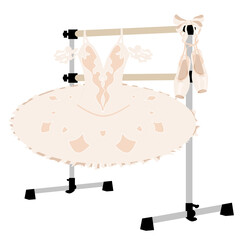 Ballet barre, tutu dress, pointe shoes, studio equipment ballerina room, vector illustration, wood amd metal © Maria