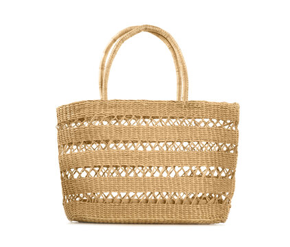 Stylish straw bag isolated on white. Summer accessory