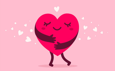 Vector red cute happy heart character with hands hugging self