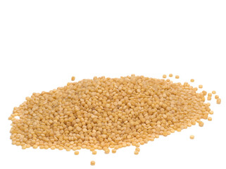 Raw Dry Organic Couscous on white background, Israeli couscous, ptitim