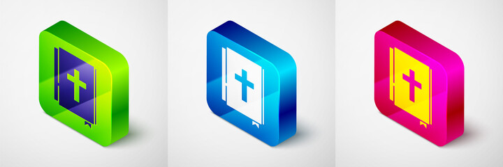 Isometric Holy bible book icon isolated on grey background. Square button. Vector.