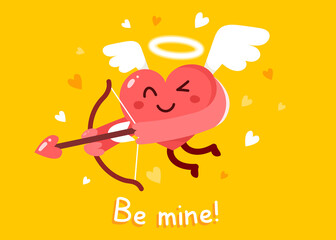 Vector cartoon cute happy holy heart cupid character with wings and nimbus flying with bow and arrow