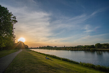 beautiful werdersee, a river in bremen, at sunset with amazing sky