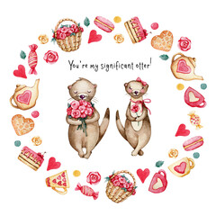Cartoon cute otter wishes Happy Valentine's Day. Watercolor hand drawn illustration isolated on white background. Card for lovers, birthday, valentine, animals.