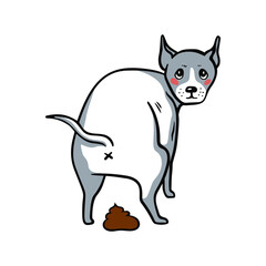 Pooping dog. Dirty dog and shit. Happy birthday for friend. Sarcasm. Sarcastic vector illustration in cartoon style