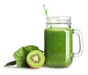 Fototapeta na wymiar Green juice in mason jar and fresh ingredients on white background