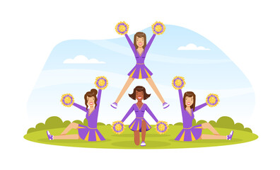 Cheerleading Team Dancing Together with Pom Poms, Fans Girls in Purple Uniform Making Pyramid on Football Stadium Outdoors Vector Illustration