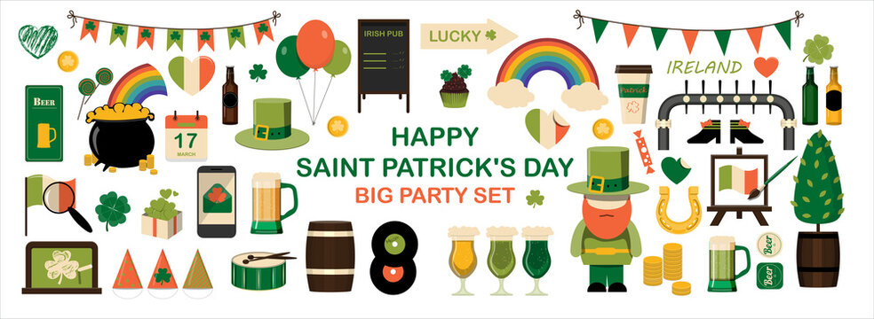A large set of flat icons for Saint Patrick s Day A set of illustrations for a party, invitation, postcard or banner. Vector clipart with images of beer, rainbow, gnome, beard, coins, and clover