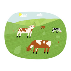 Funny cute pasture with cows on a field in a sunny day. Vector hand-drawn style isolated label illustration.