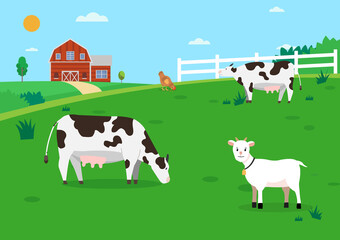 Nature farm with animal.Farmland with cows and hen.Rural farm scene flat design.Eco farm with animal.