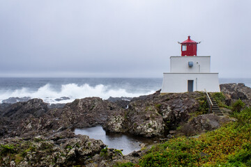 Lighthouse on a coastline with waves crashing on the rocks