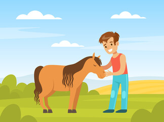 Obraz premium Cute Boy Playing with Pony on Farm Yard, Kid Interacting with Animal in Petting Zoo Cartoon Vector Illustration