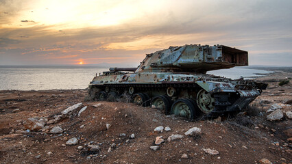 Abandoned military army tank vehicle at sunset in the coast