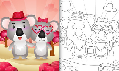 coloring book for kids with a cute koala couple themed valentine day