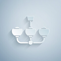 Paper cut Chandelier icon isolated on grey background. Paper art style. Vector.