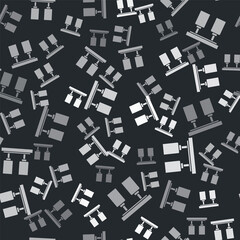 Grey Led track lights and lamps with spotlights icon isolated seamless pattern on black background. Vector.