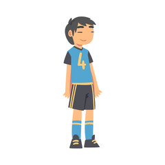 Cute Kid Soccer Player Character, Boy in Sports Uniform Playing Football on School Sports Field Cartoon Style Vector Illustration