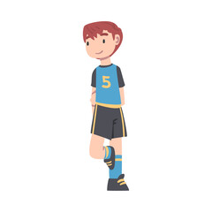 Cute Kid Soccer Player Character, Boy in Black and Blue Sports Uniform Playing Football on School Sports Field Cartoon Style Vector Illustration