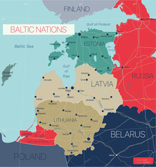 Baltic nations region detailed editable map with cities and towns, roads and railways. Vector EPS-10 file - obrazy, fototapety, plakaty