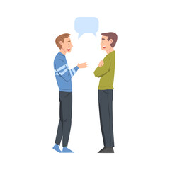 Two Guys Talking with Speech Bubbles, Friends or Colleagues Gossiping, Sharing Impressions Cartoon Style Vector Illustration