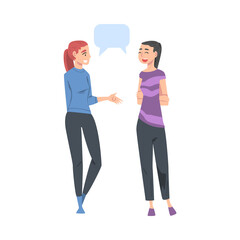 Two Girls Talking to Each Other with Speech Bubbles, Friends or Colleagues Gossiping, Sharing Impressions Cartoon Style Vector Illustration