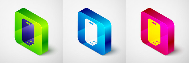 Isometric Glass screen protector for smartphone icon isolated on grey background. Protective film for glass. Transparent soft glass for mobile phone. Square button. Vector.