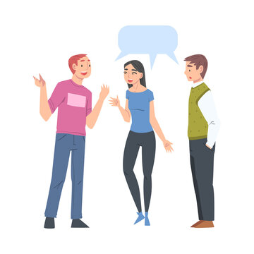 Group of People Talking to Each Other with Speech Bubbles, Friends or Colleagues Talking, Gossiping, Sharing Impressions Cartoon Style Vector Illustration