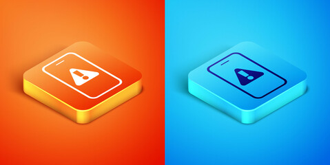 Isometric Mobile phone with exclamation mark icon isolated on orange and blue background. Alert message smartphone notification. Vector.