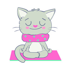 Cute cat doing yoga on the mat