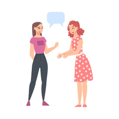 Two Girls Talking with Speech Bubbles, Female Friends or Colleagues Gossiping, Sharing Impressions Cartoon Style Vector Illustration