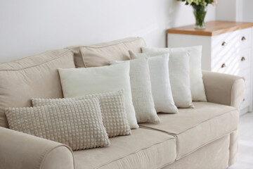 Sofa with pillows in modern living room interior