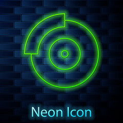 Glowing neon line Car brake disk with caliper icon isolated on brick wall background. Vector.