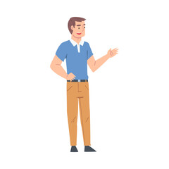 Man Talking to Someone and Gesturing, Guy Talking or Sharing Impressions Cartoon Style Vector Illustration