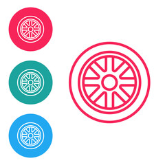 Red line Car wheel icon isolated on white background. Set icons in circle buttons. Vector.