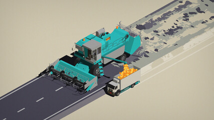 Money is made from asphalt. Combine harvester and kamaz. Traffic problem due to the theft of many states.